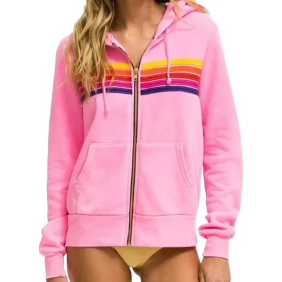 Aviation Nation Neon Pink 5-stripe Zip Up Hoodie - Picture 1 of 10
